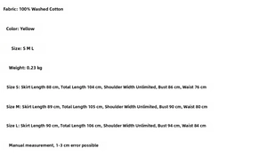 Size chart for yellow cotton irregular dress showing length, bust, and waist measurements