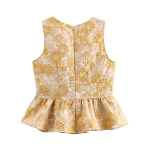 Gelbes Jacquard-Top für Damen ohne Ärmel mit Blumenmuster und Schößchen-Saum
