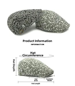 Detail view of jacquard beret hats with floral pattern and sizing dimension guide