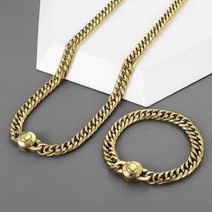 Polished 9mm gold stainless steel Cuban chain necklace and bracelet with magnetic clasp