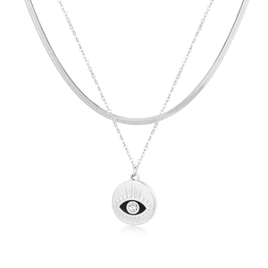 Collana a due strati d'argento con catena serpente e ciondolo occhio in acciaio