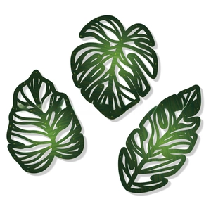Set of three green wooden palm and monstera leaf wall decor with fine brushed wood texture