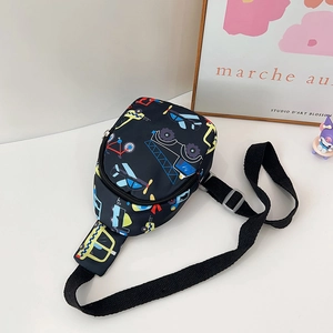 Detail of black kids chest bag with colorful cartoon transport patterns and adjustable strap
