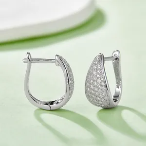 Sparkling S925 sterling silver teardrop hoop earrings featuring micro-pave moissanite