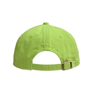 Detail of neon green cotton baseball cap featuring a vintage bronze metal buckle closure