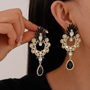 Vintage Flower Teardrop Dangle Earrings Alloy Rhinestone With Silver Earring Post Court Style Jewelry Women