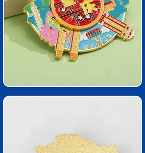 Macro detail of Chongqing souvenir magnet showing colorful landmarks and back magnetic base