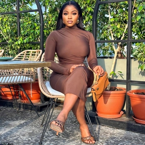 Detailed texture of brown long sleeve bodycon dress with premium elastic fabric