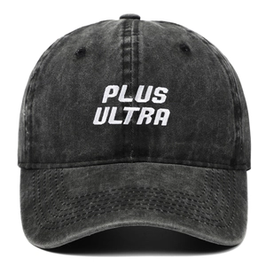 Washed black cotton baseball cap featuring white Plus Ultra embroidery on the front