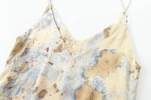 Détail du col en V et de la texture satinée sur robe à bretelles beige imprimé