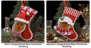 Detail of red gingerbread man Christmas stockings with festive felt textures and hanging ropes