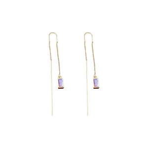 Elegant gold drop earrings with long chains and vintage purple rectangular pendants