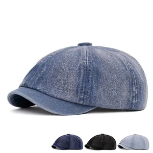 Vintage denim newsboy cap in mid blue with octagonal top and short brim for unisex style