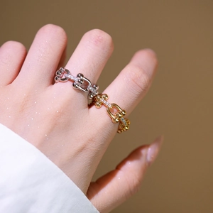 Horseshoe Buckle U-Shaped Link Ring Copper Gold Plated With Zircon Adjustable Open Band Industrial Chic For Women
