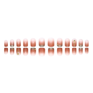Gradient brick red press-on nails with silver French tips and metallic heart studs