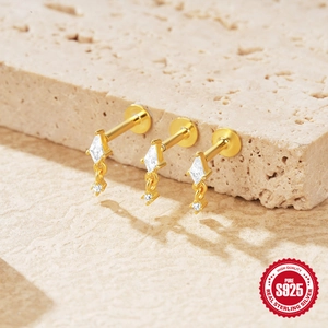 Three-piece gold S925 sterling silver ear piercing set with sparkling rhombus cubic zirconia
