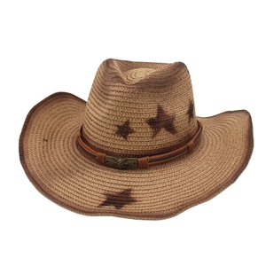Chapeau De Cowboy Paille Tressée Protection Solaire Style Western Plage Imprimé Étoiles Crâne Métal Cordelette Réglable