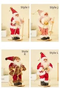 Detail of four Santa skiing plush ornaments in various styles with gold hanging strings