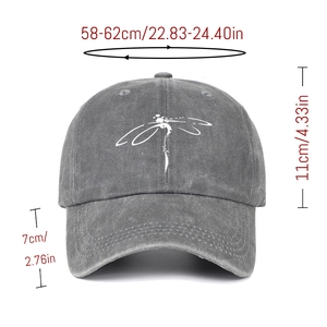 Size specifications for grey washed denim baseball cap with white dragonfly print