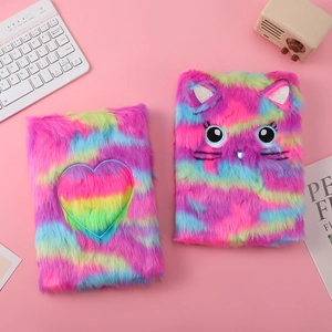 Plush Notebook Journal Diary Cute Cat Face Rainbow Heart Sequin Love Embroidery Faux Fur Cover For Kids Girls Students