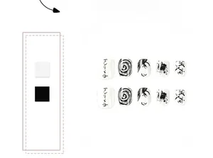 Detailed view of black and white press-on nails with modern abstract art patterns