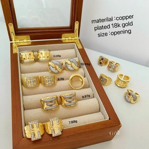 18k gold plated copper wide rings with zircon inlay and adjustable open design