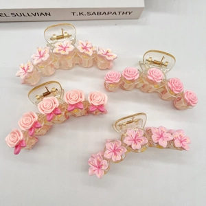 Set of 4 handmade peach blossom and rose hair claws with clear yellow bases for women