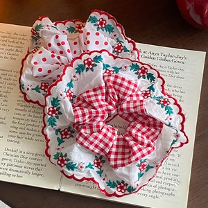 Floral plaid scrunchie set with red polka dots and embroidery on wood background