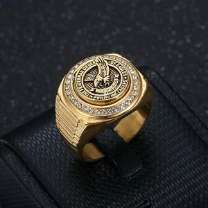 Hip Hop Stainless Steel Eagle Signet Ring For Men Vacuum Gold Plated Philippine Eagle Rhinestone Pave Band Ring Jewelry
