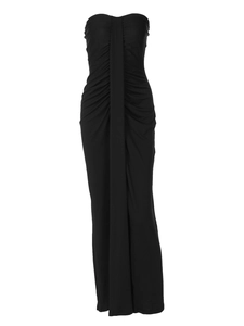 French style black bodycon tube dress with ruching design and long cascading ribbon