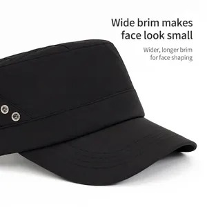 Men's black quick-dry flat top cadet hat with mesh texture and wide brim for sun protection