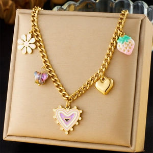 Stainless Steel Pendant Necklace Multi Charm Heart Strawberry Flower Butterfly Enamel Jewelry For Women Girls Sweet Style