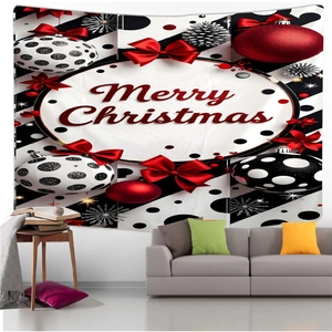 Christmas tapestry featuring red baubles and pine cones hung over a grey sofa in a living room