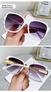 Detailed macro of white geometric sunglasses frames with purple gradient lenses