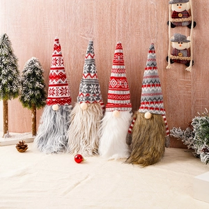 Set of 4 Christmas gnome wine bottle covers with knitted hats and faux fur beards