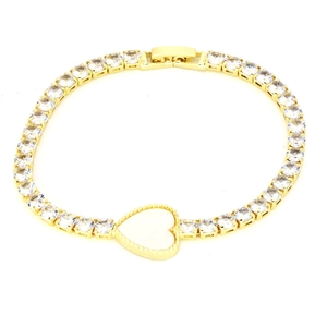 Gold plated tennis bracelet with zircon stones and a central heart charm with pearl inlay