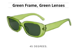 Detail view of small rectangular retro sunglasses in transparent green finish