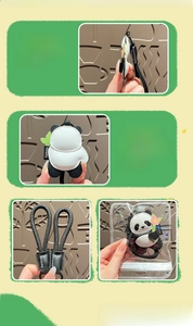 Detailed views of leather panda keychain featuring floral accents and woven lanyard strap