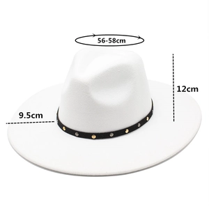 White wool fedora hat with 9.5cm wide brim and size specifications 56-58cm details