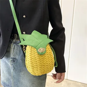 Fruit Shaped Woven Crossbody Bag Strawberry Pineapple Handmade Straw Bucket Shoulder Bag Cute Sweet Style For Women