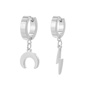 Detail view of silver stainless steel hoop earrings with moon and lightning pendants