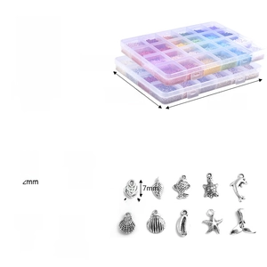 Detailed specs of 24-grid DIY bead kit with dimensions of storage box and metal charms
