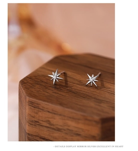 Macro shot of silver eight-pointed star earrings with zircon on a dark wood pedestal