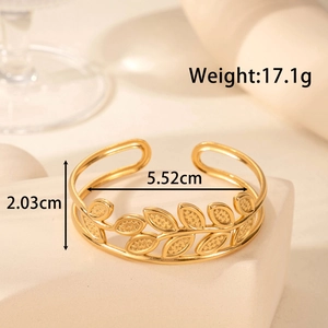 Golden hollow leaf stainless steel open cuff bracelet with weight and size details