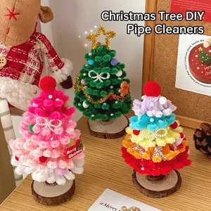 Handmade DIY Pipe Cleaner Christmas Tree Chenille Stems Wooden Base LED Lights Desktop Ornament Miniature Festive Decor Gift