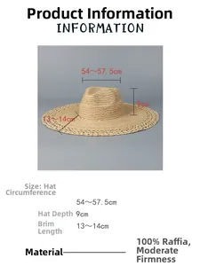 Detail view of large brim raffia straw hat with dimensions 54-57.5cm and 100% natural fiber