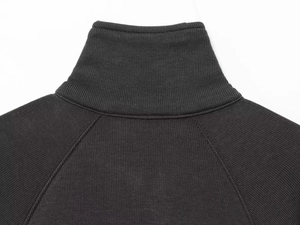 Detail of black stand-up collar knit sweater with seamless raglan sleeve stitching