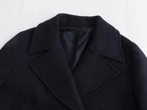 Detailed view of dark blue woolen coat lapels with high-quality stitching and smooth lining