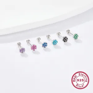 Set of six 925 sterling silver flower stud earrings with colorful cubic zirconia