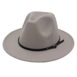 Light gray wool fedora hat with a black leather belt and gold buckle decoration